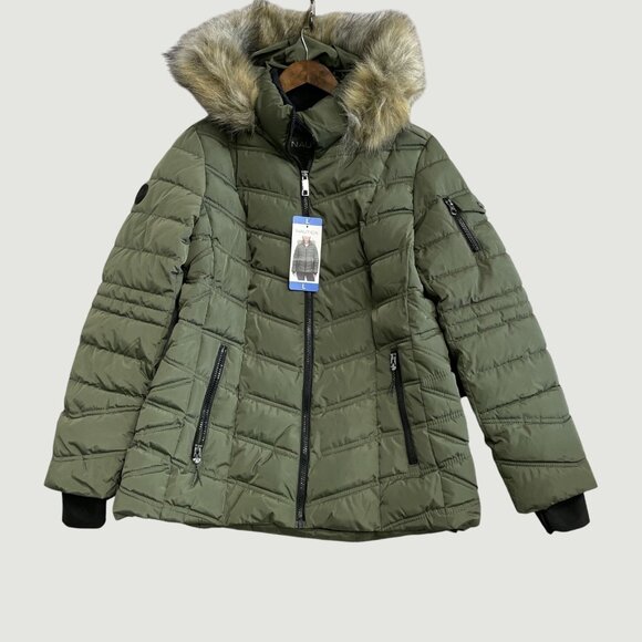 NEW Nautica Women's Size L Olive Green Quilted Puffer Jacket W/ Faux Fur Hood - Picture 2 of 11